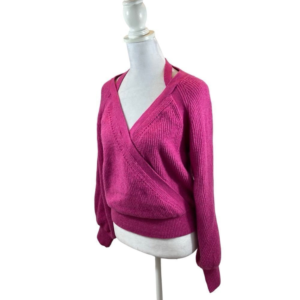 Anthropologie Brand Bright Pink V Neck Balloon Sleeve Sweater Size XS